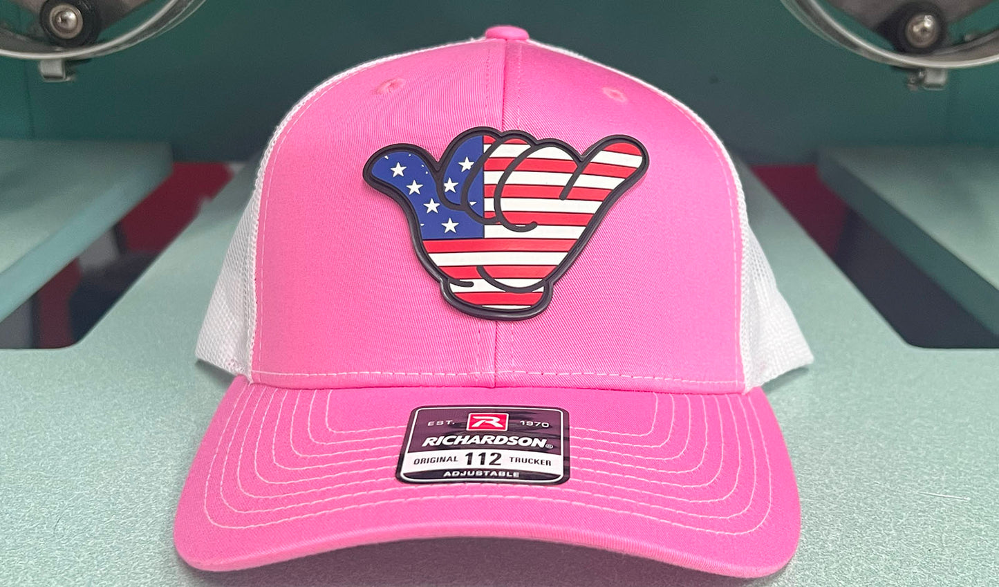 USA Flag Hang Loose PVC Patch - Richardson 112 Snapback Pink/White